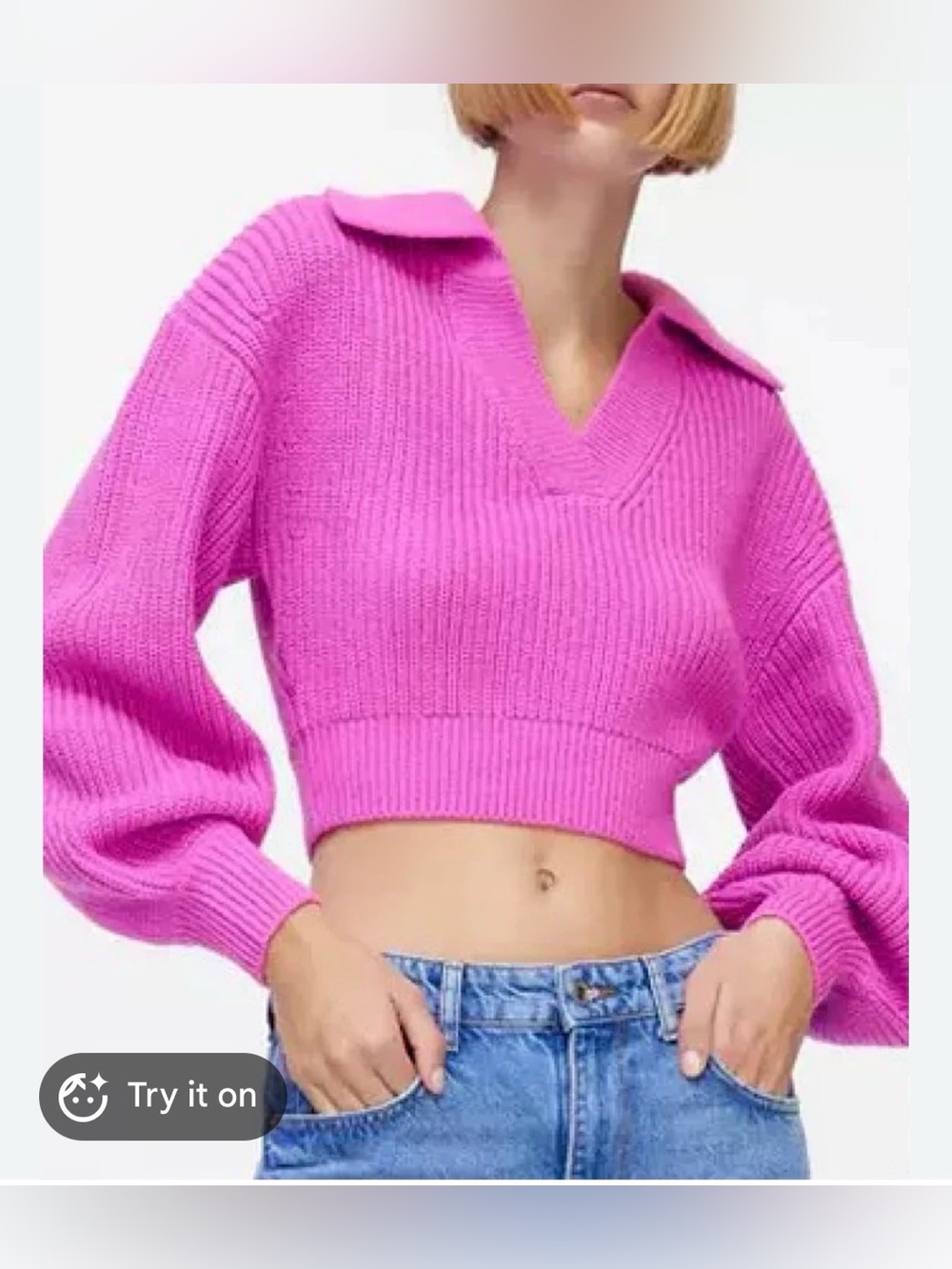 Zara Cropped Hot Pink V-Neck Polo-Collar Sweater